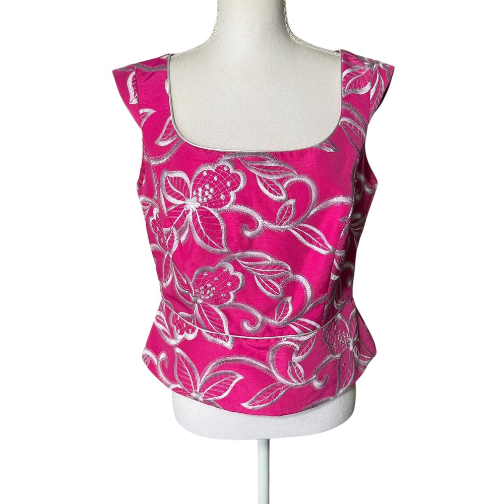 SONIA PENA Fuchsia‎ Silver Floral Embroidered Bustier Top Size 42 US 10